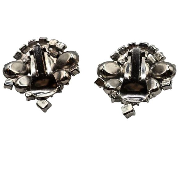Vintage Bridal Prom Earrings Clip On Cluster Rhinestones Crystal Jewelry - Picture 9 of 9